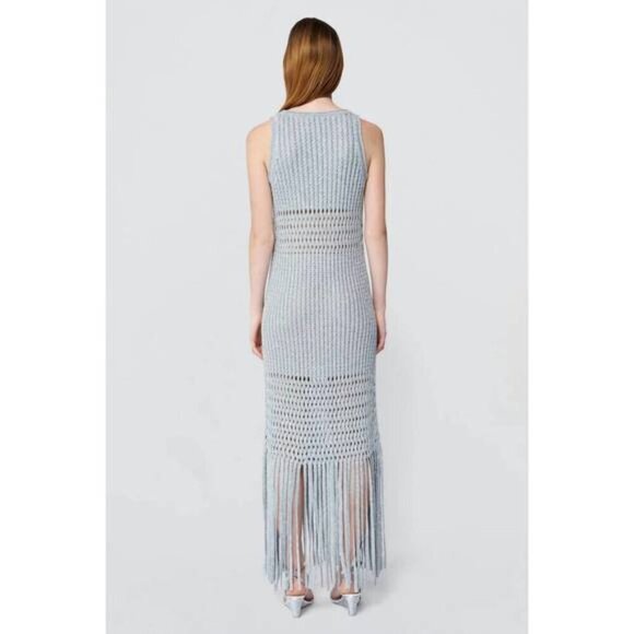 NEW SIMKHAI Jocelyn Open-Stitch Fringe Metallic Silver Midi Dress NWT Medium - Picture 5 of 12